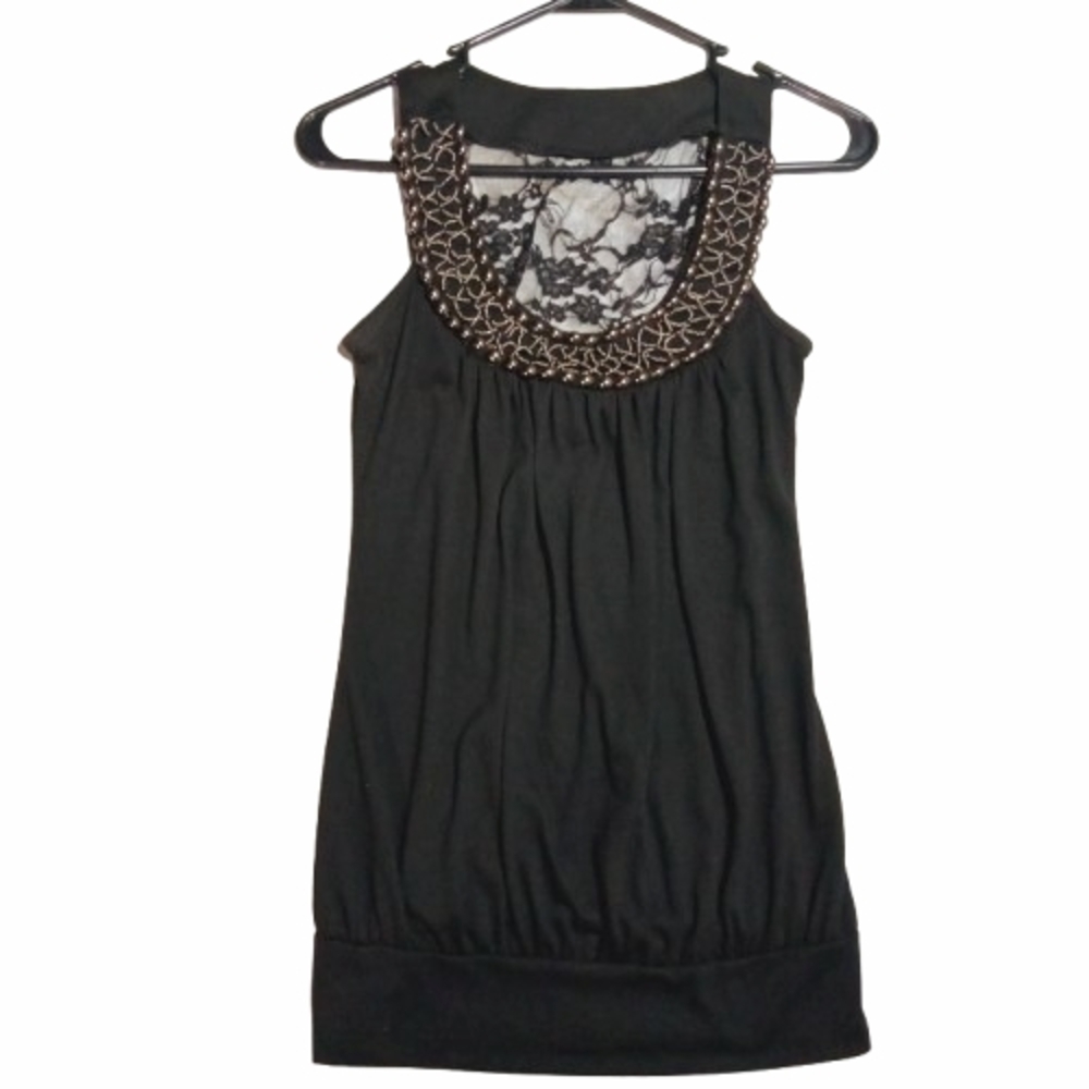 Womens Medium Black Sleeveless Y2k Tank Studded Lacy Neckline NEW
